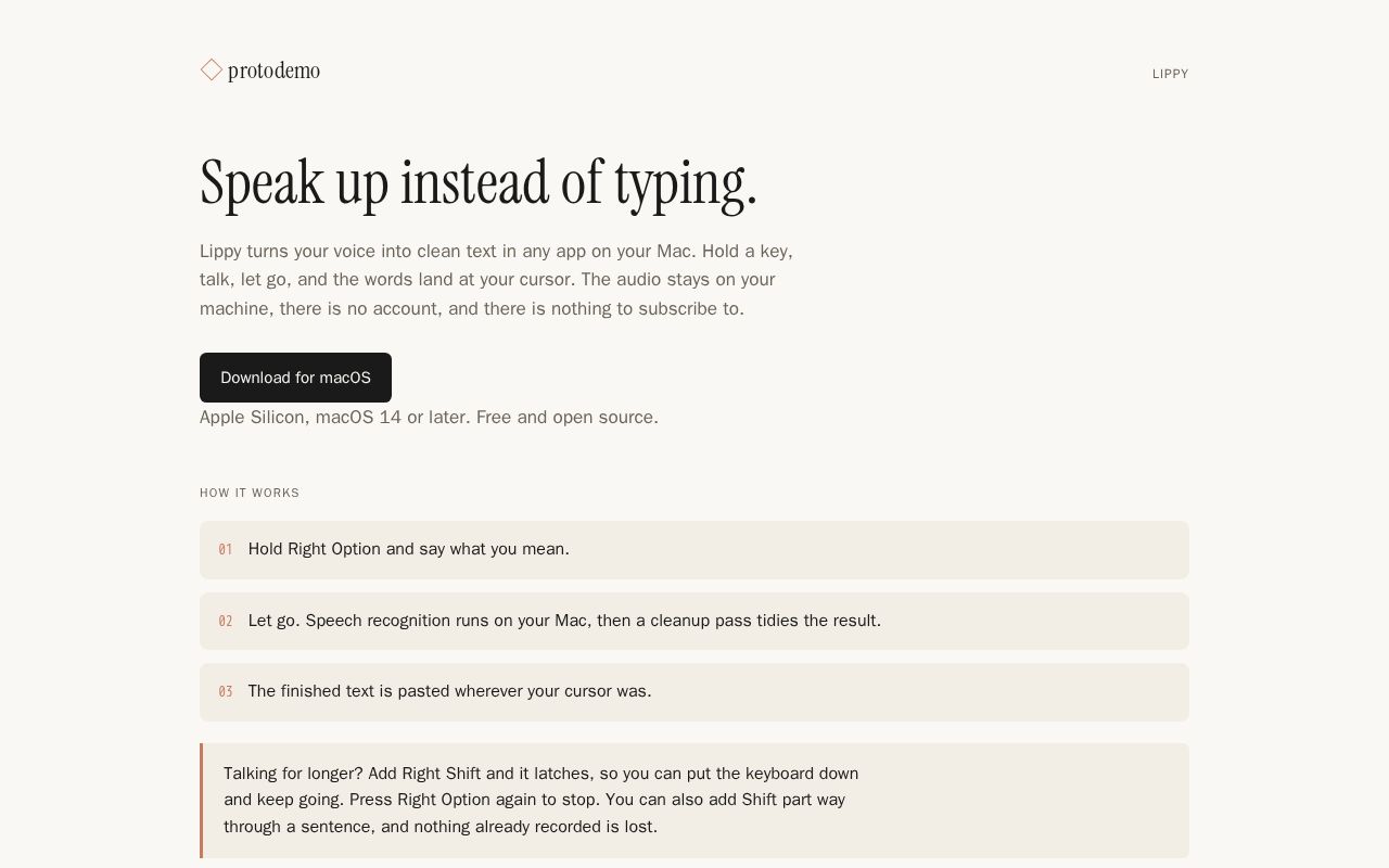 Preview of Signed downloads of Lippy, local dictation for macOS