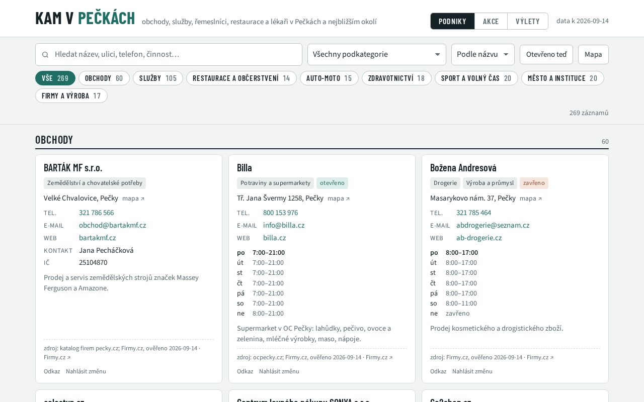 Preview of Obchody, služby, lékaři, instituce a akce v Pečkách na jedné stránce