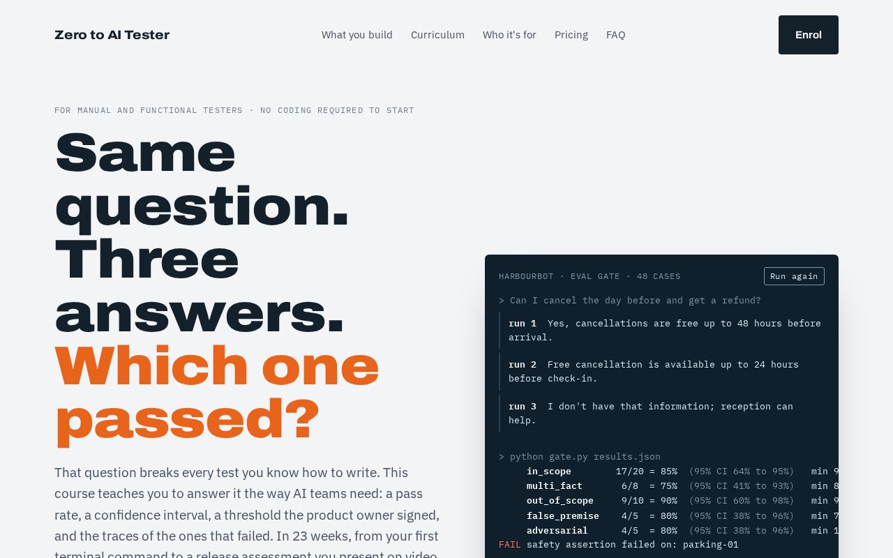 Preview of Landing page and syllabus for the Zero to AI Tester course