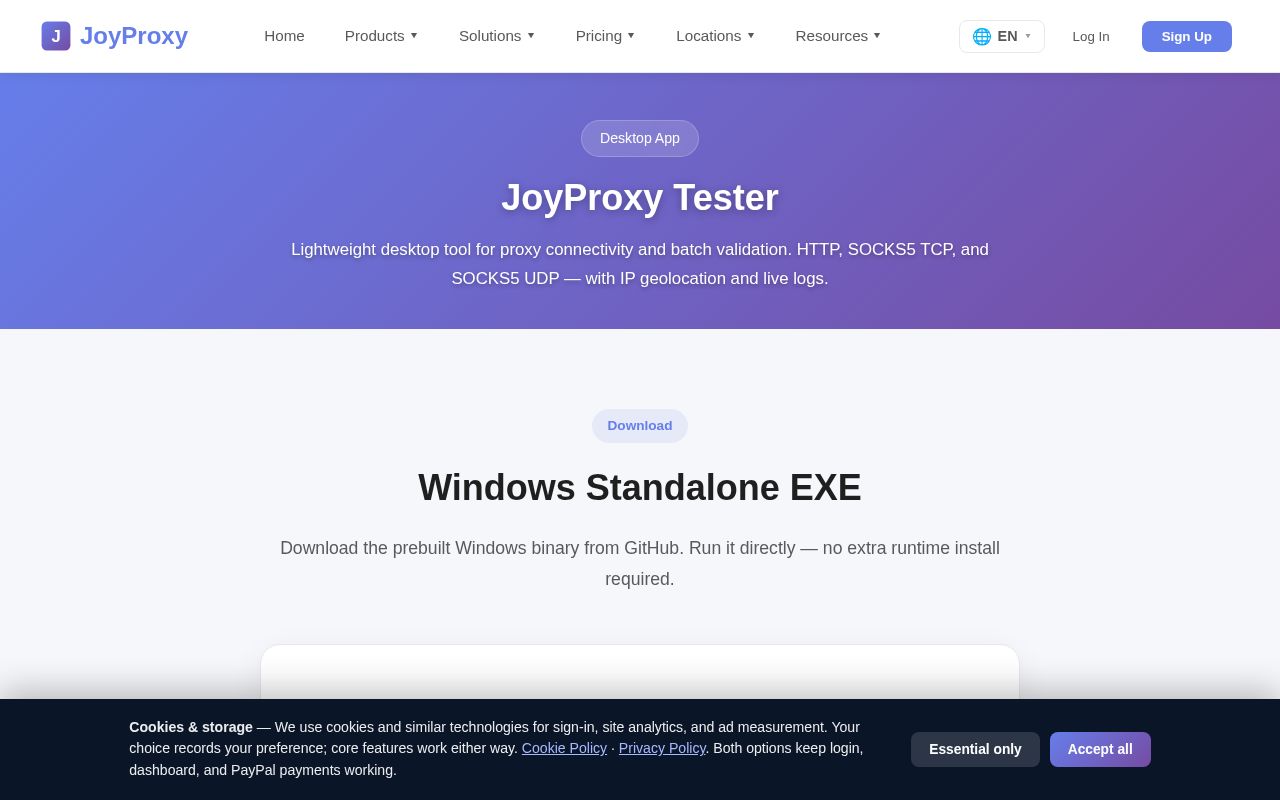 Preview of Official JoyProxy desktop tester — HTTP / SOCKS5 TCP / UDP connectivity — joyproxy.com