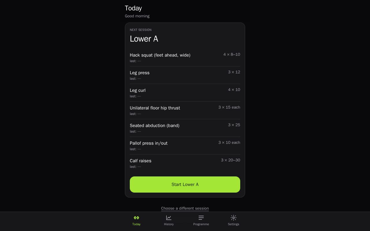 Preview of Offline-first upper/lower workout logger PWA