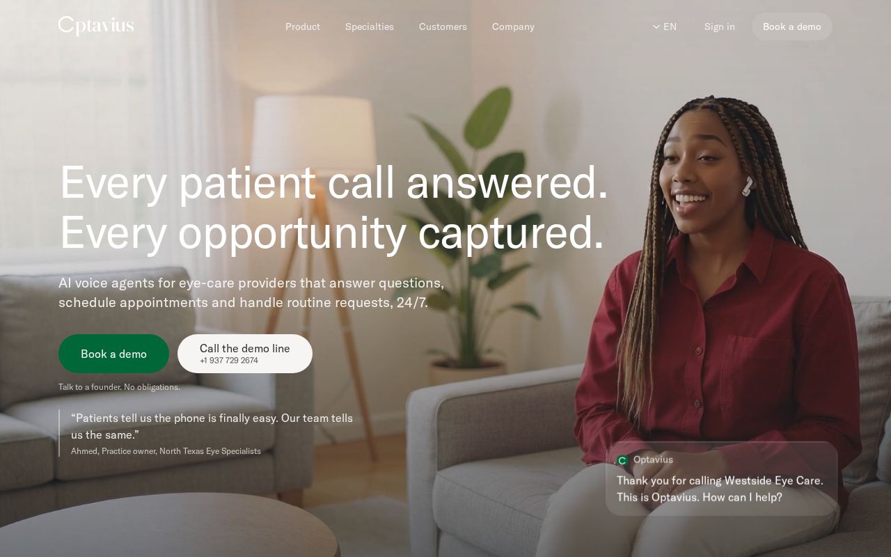 Preview of Optavius website: AI voice agents for specialty care