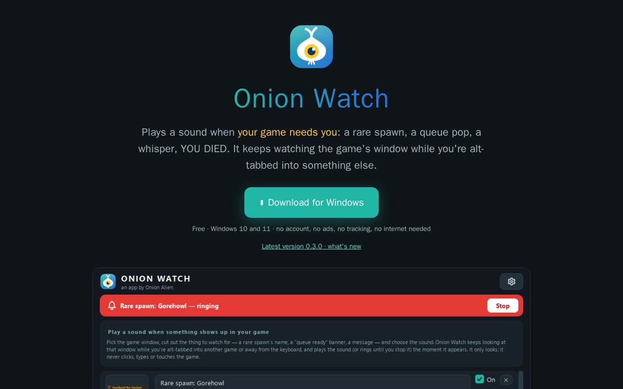 Preview of Onion Watch: a sound when your game needs you (free, Windows)