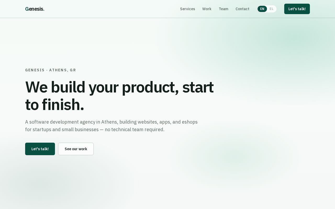 Preview of Landing page for Genesis, a 3-person Athens tech agency — Next.js, TypeScript, Tailwind.