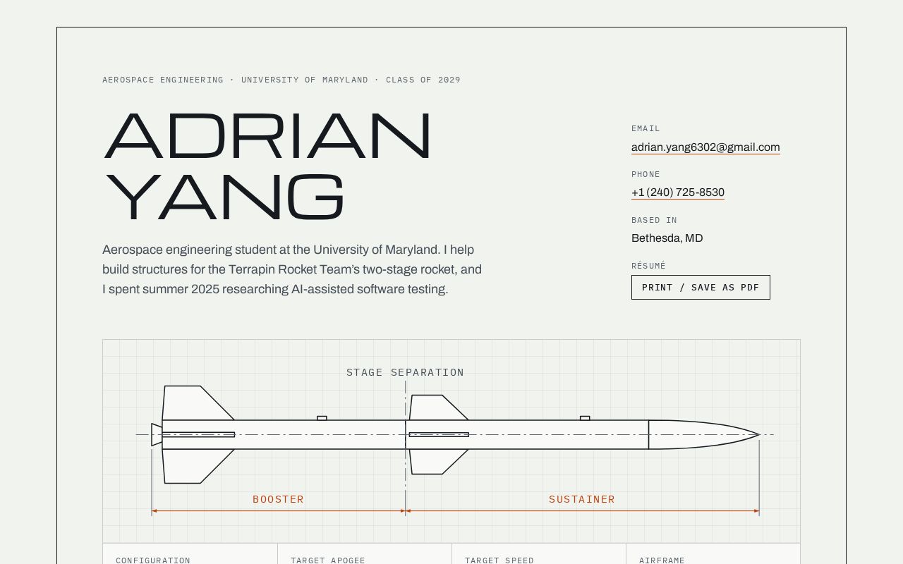 Preview of Resume website - Adrian Yang, aerospace engineering @ UMD