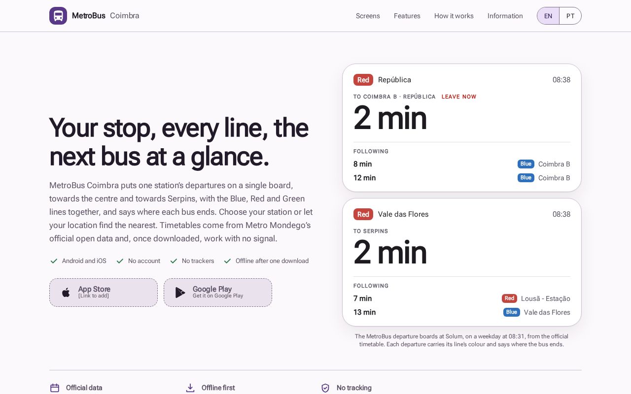Preview of MetroBus Coimbra: the app's website and privacy policy, served with GitHub Pages
