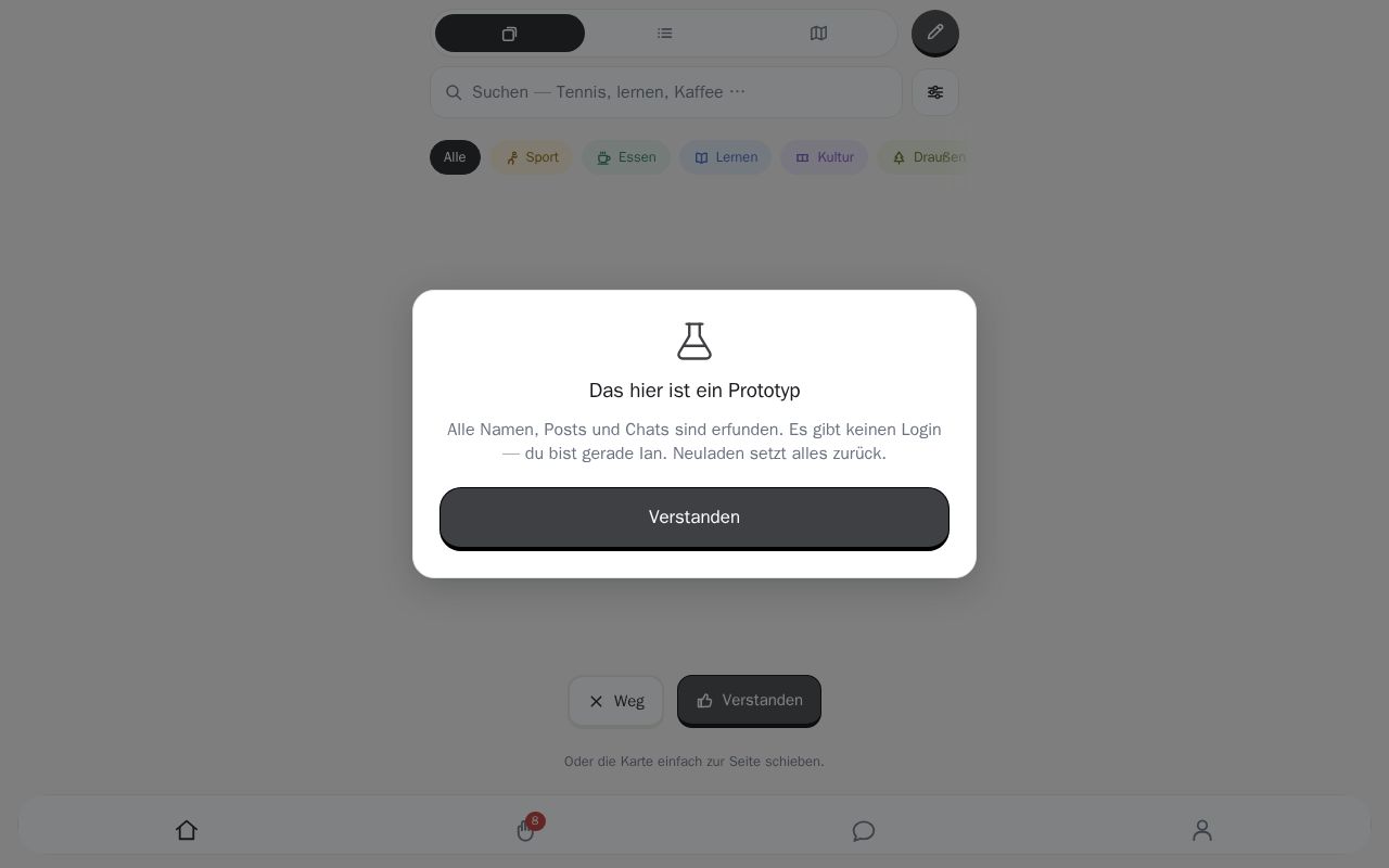 Preview of SimplySocial — klickbarer Prototyp einer Treff-App für Wien. Fake-Daten, kein Backend.
