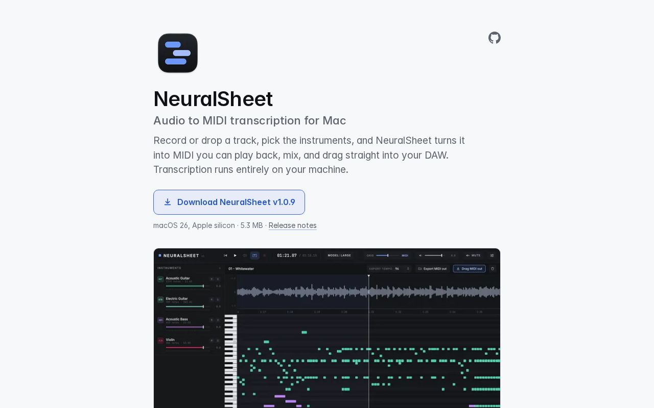 Preview of NeuralSheet: Free Audio to MIDI Transcription for Mac