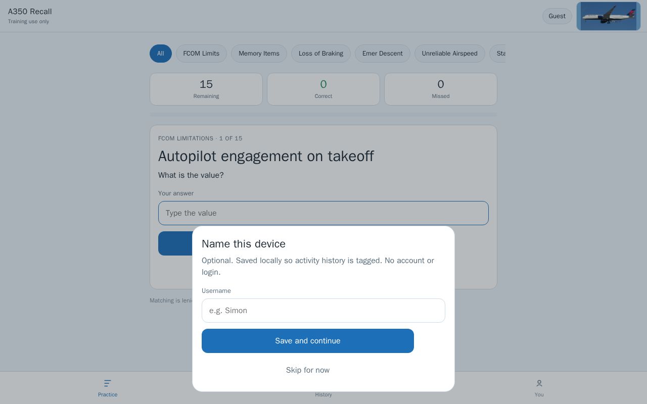 Preview of A350 memory-item recall trainer for phone and iPad. Training use only.