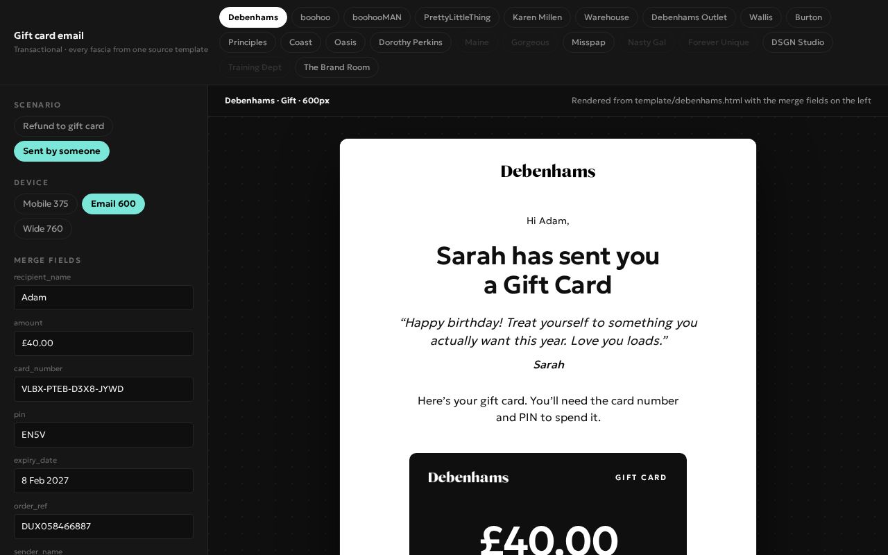 Preview of Debenhams Giftcard Email
