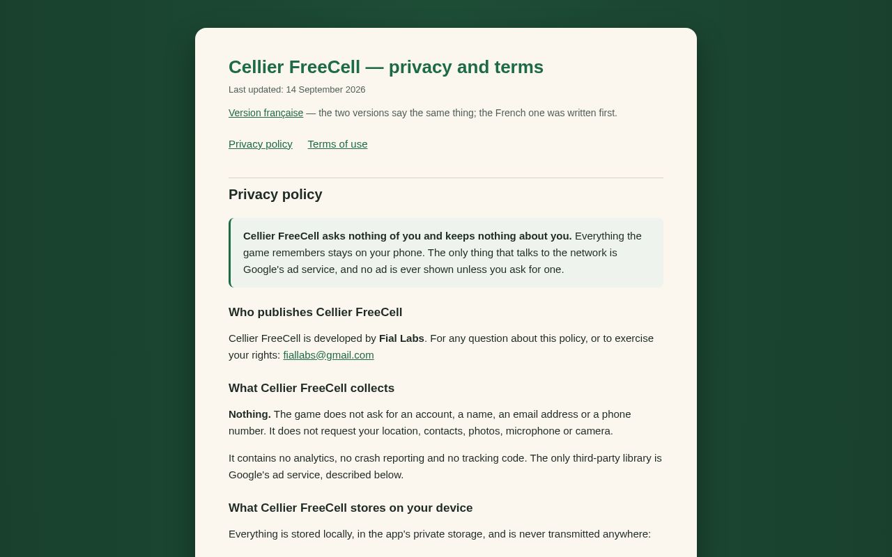 Preview of Politique de confidentialite et conditions d'utilisation de Cellier FreeCell (Fial Labs)