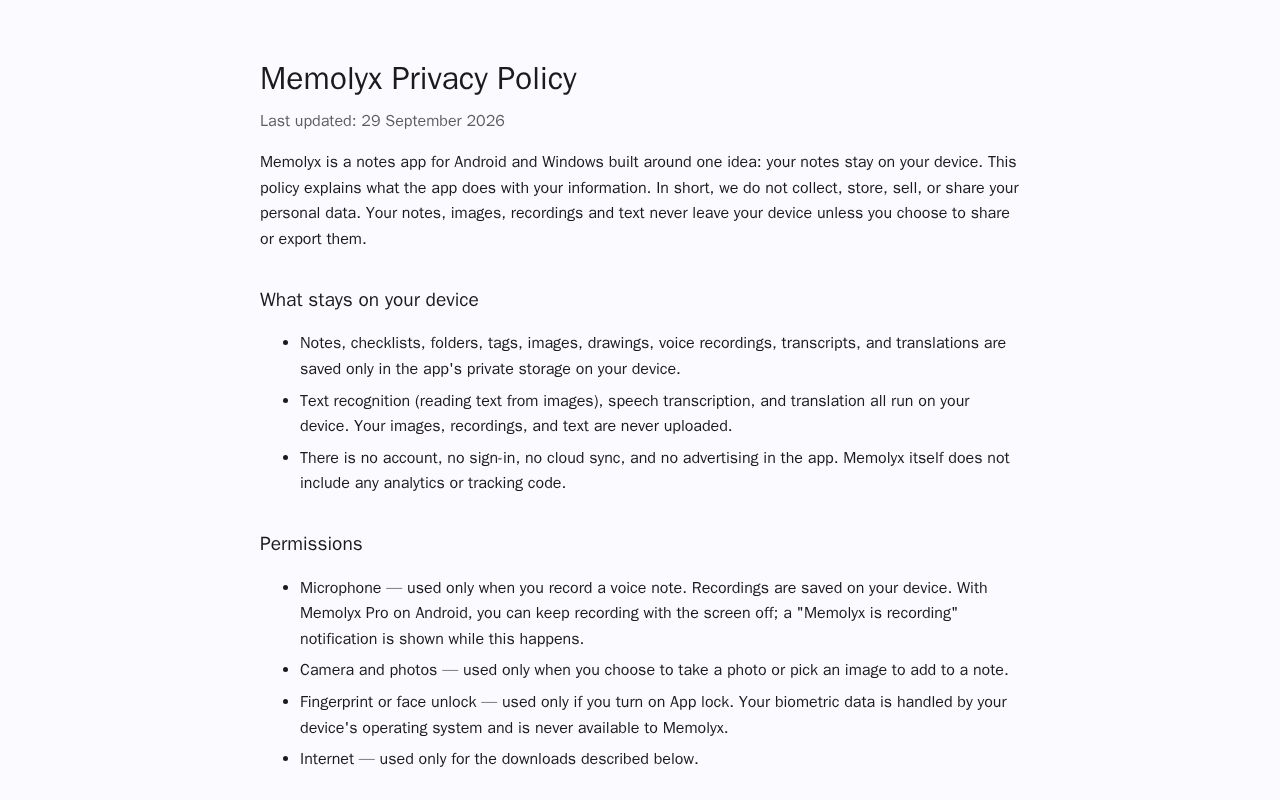 Preview of Memolyx Privacy