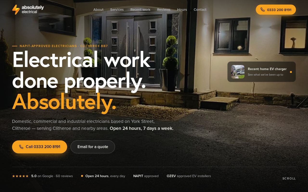 Preview of Absolutely Electrical — NAPIT-approved electricians in Clitheroe. One-page site.
