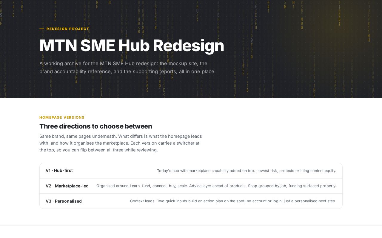 Preview of MTN SME Hub redesign mockup, Brand CI, and reports