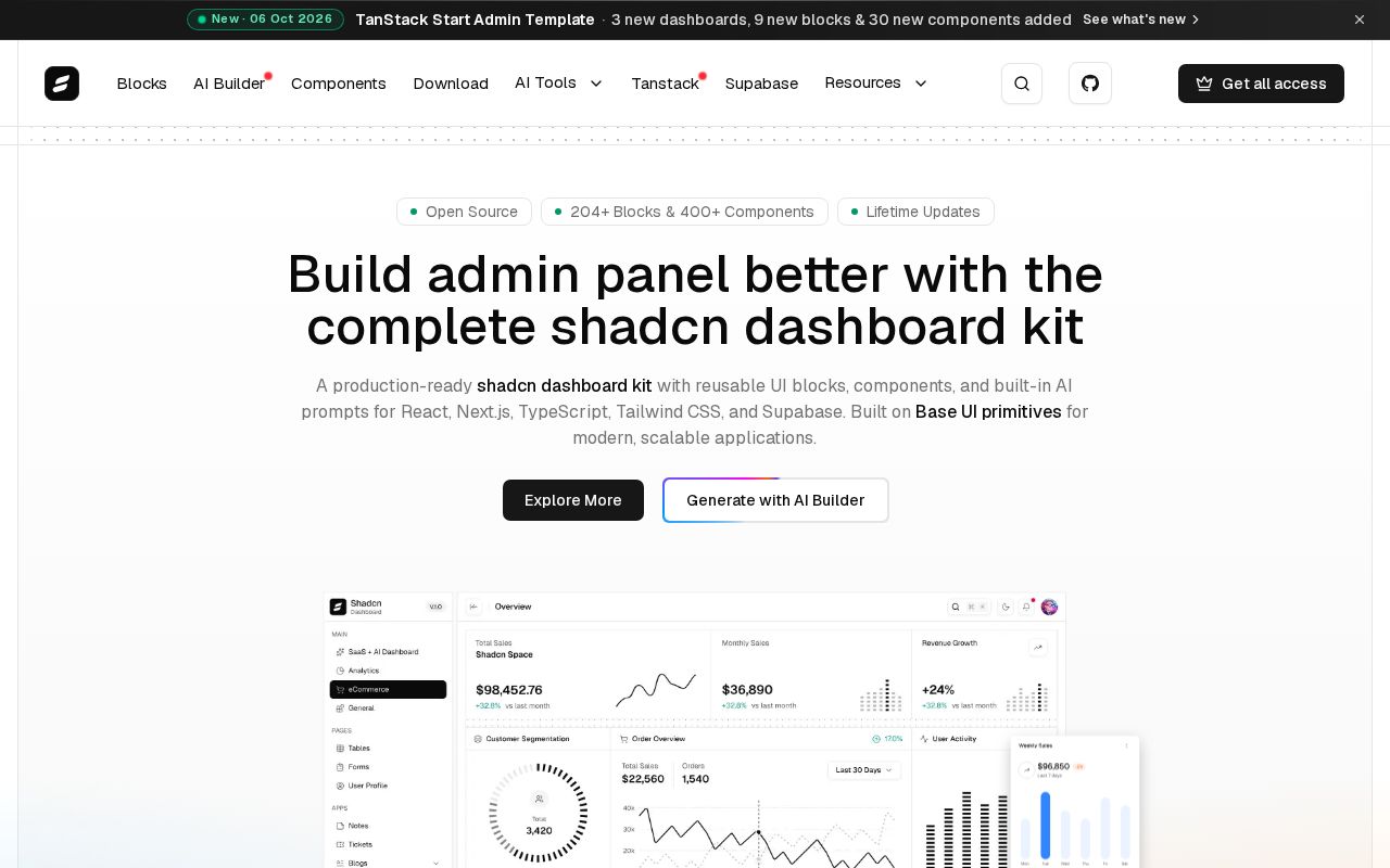 Preview of Shadcn Dashboard, UI Blocks and Components for React, Next.js & Tailwind CSS
