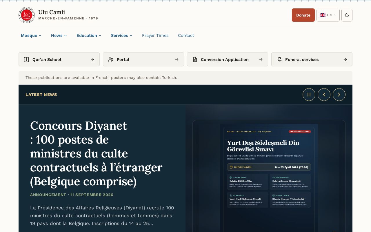 Preview of Marche-en-Famenne Ulu Camii — resmî web sitesi (Astro + Sveltia CMS)