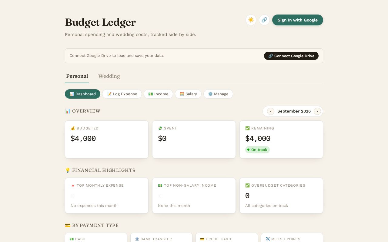 Preview of Track personal and wedding expense via the ledger.