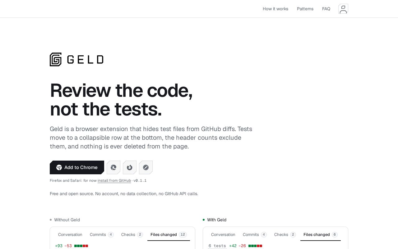 Preview of Browser extension to hide tests when reviewing PRs on Github