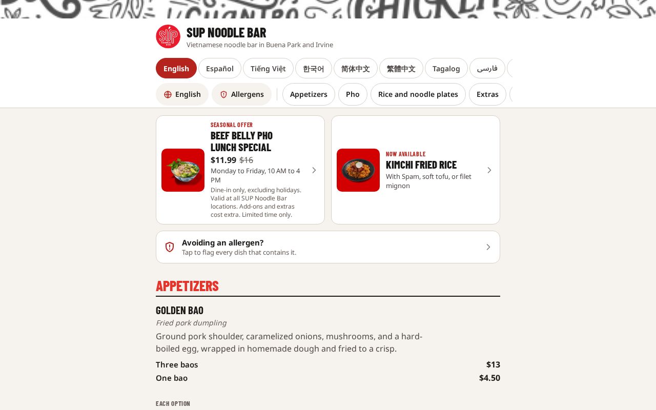 Preview of SUP Noodle Bar QR menu: five languages, dish photos, allergen lines, printable PDFs