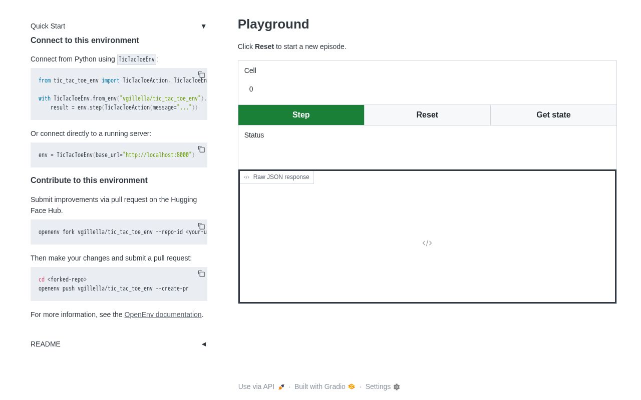 Preview of Tic Tac Toe Environment Server