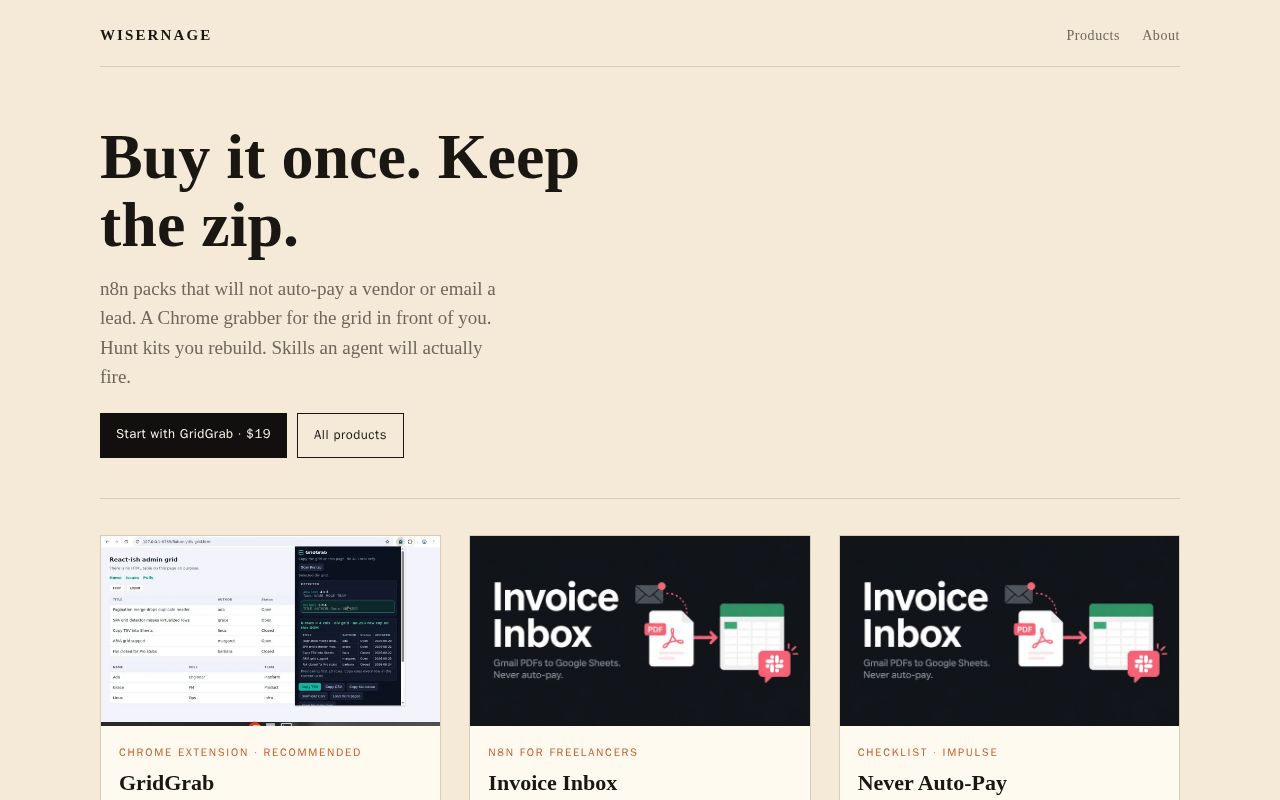 Preview of Wisernage shop — small tools you buy once.