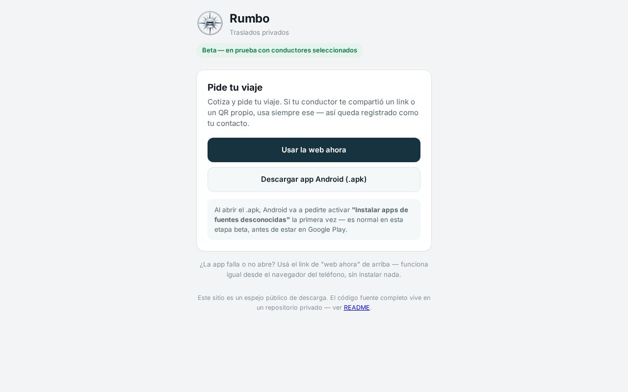 Preview of Rumbo — descarga de apps y web de respaldo (pasajero y conductor)