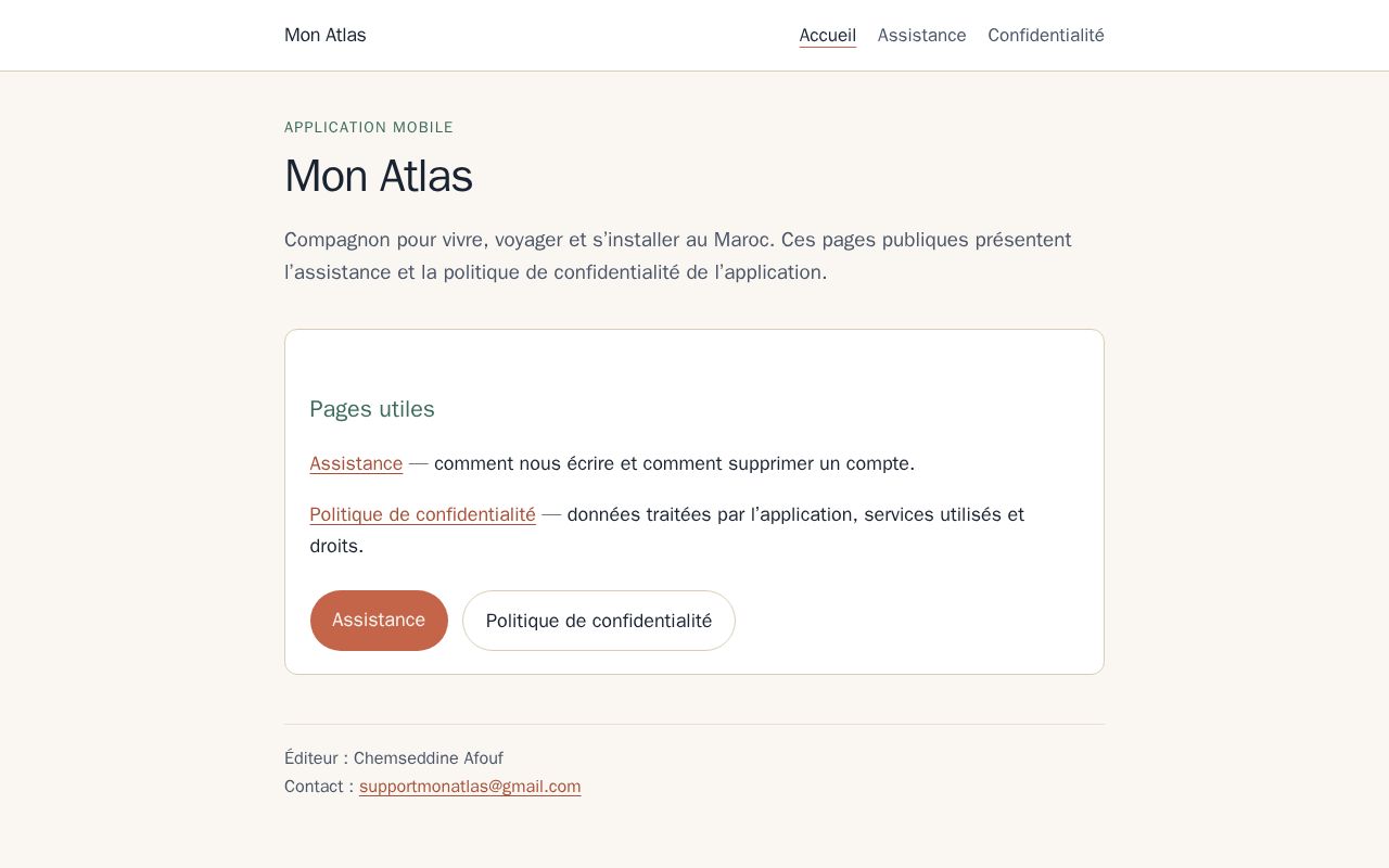 Preview of Pages publiques d’assistance et de confidentialité de Mon Atlas