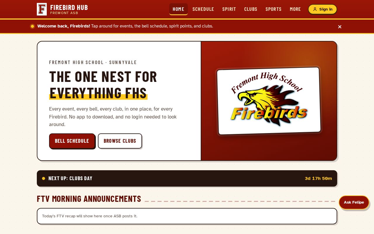 Preview of Firebird Hub — Fremont ASB student app (schedule, spirit points, events)