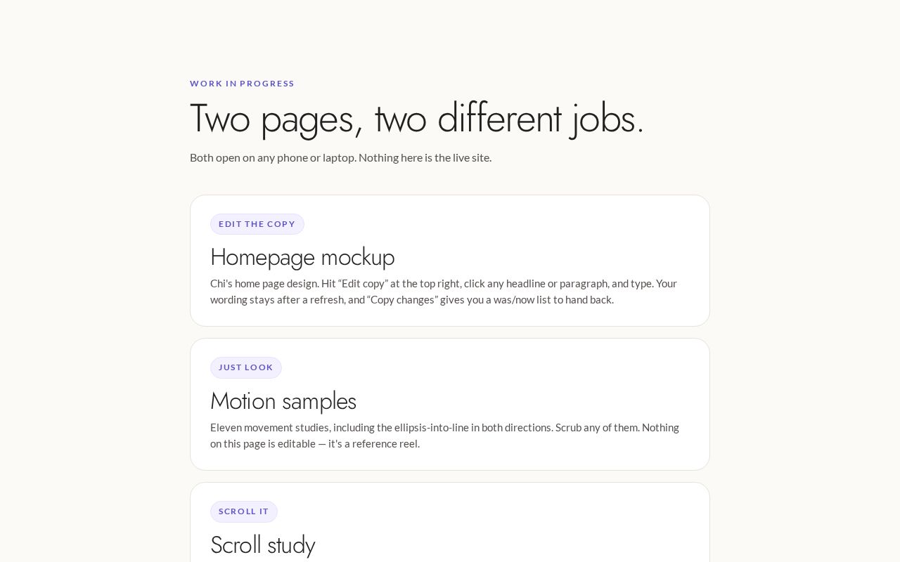 Preview of arqu website scratch — homepage mockup (live copy editing) + motion samples reel