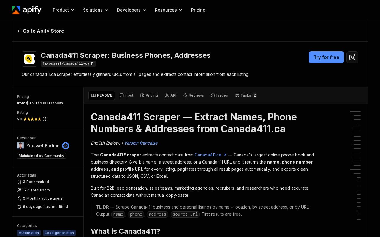 Preview of Canada411 Scraper