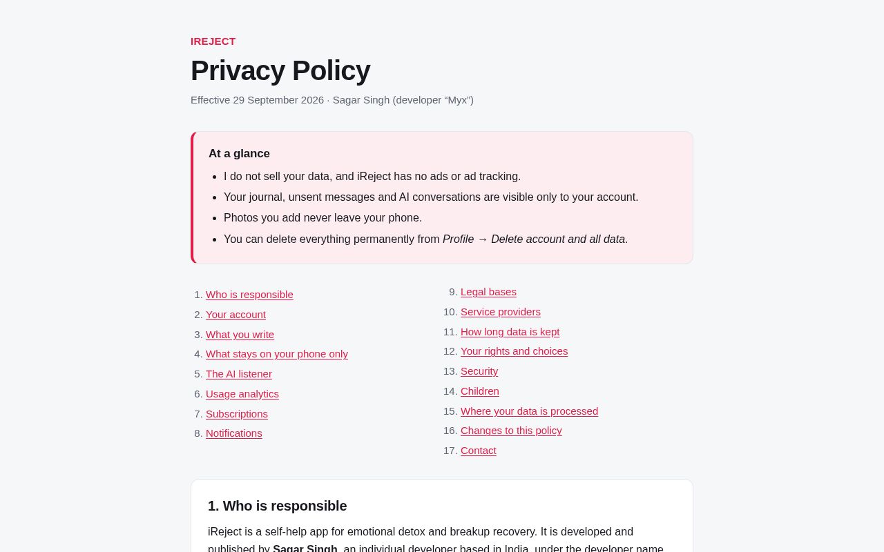 Preview of Ireject Privacy Policy