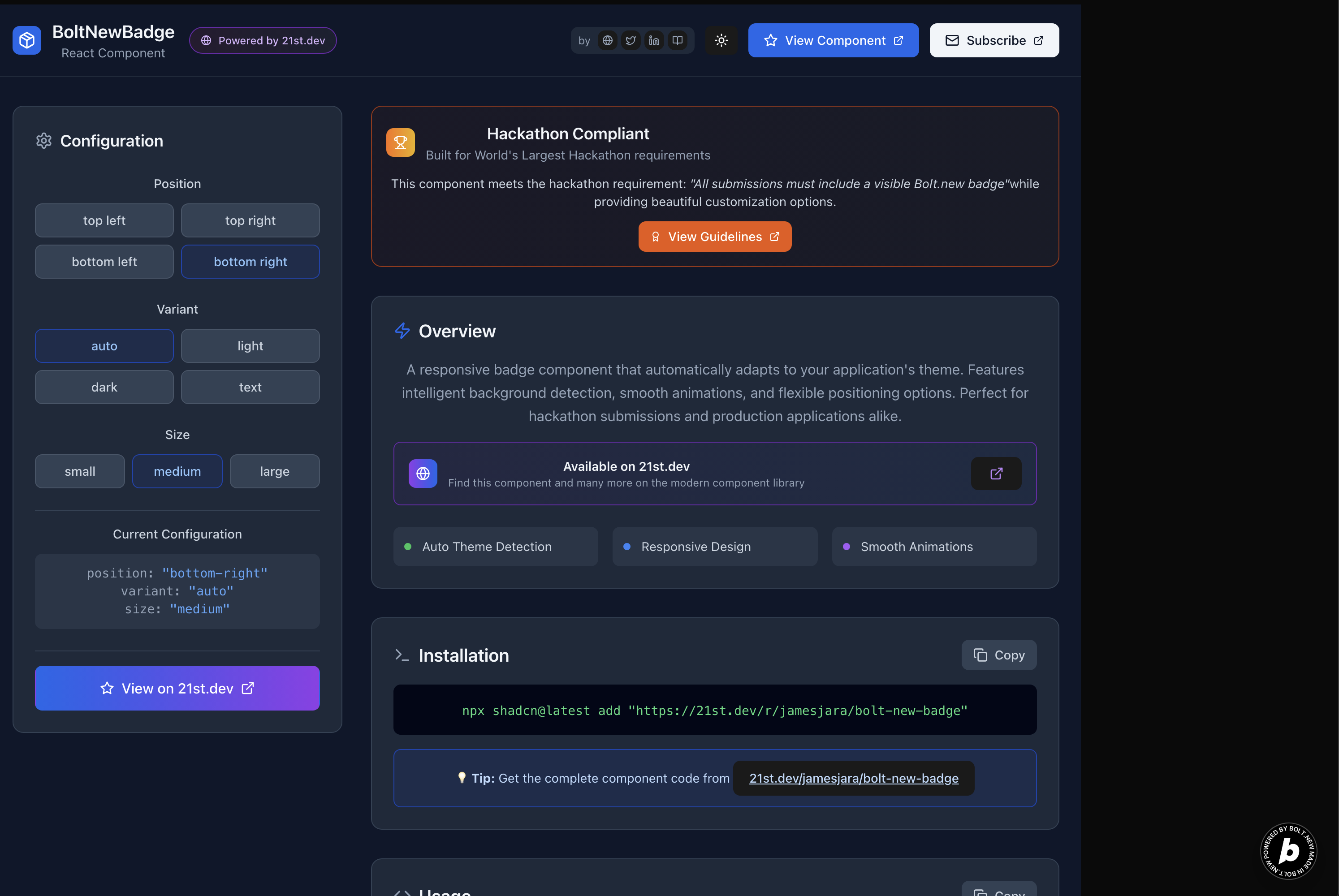 Preview of BoltNewBadge 21st.dev Component