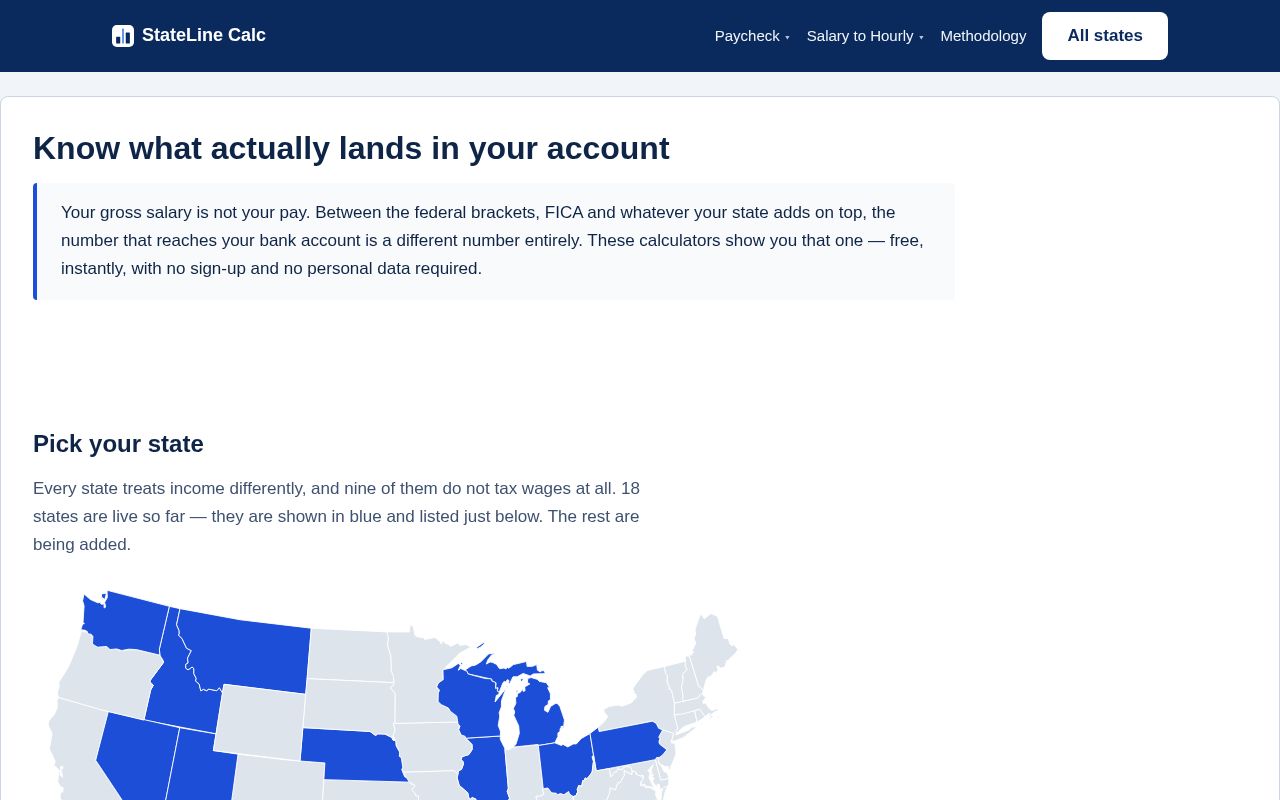 Preview of Free money calculators for all 50 US states - statelinecalc.com