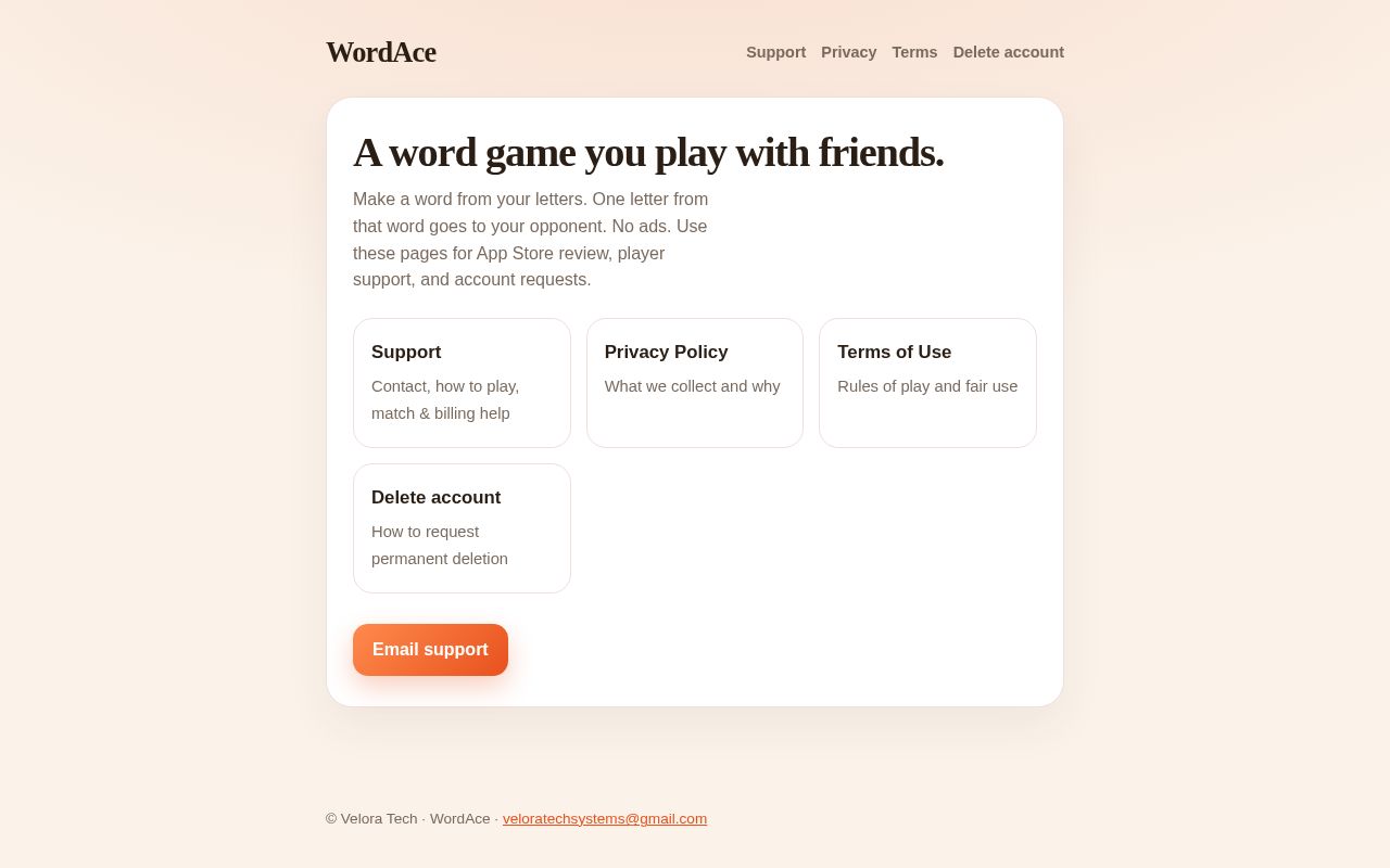 Preview of WordAce support, privacy, terms (GitHub Pages)